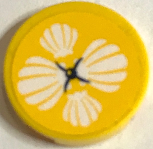 Tile, Round 2 x 2 with Bottom Stud Holder with Cushion with White Shells and Black Button on Yellow Background Pattern (Sticker) - Set 41380