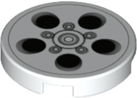 Tile, Round 2 x 2 with Bottom Stud Holder with Alloy Wheel with Black and Silver Circles Pattern
