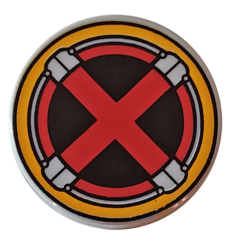 Tile, Round 2 x 2 with Bottom Stud Holder with Red X-Men Logo in Bright Light Yellow Circle Pattern