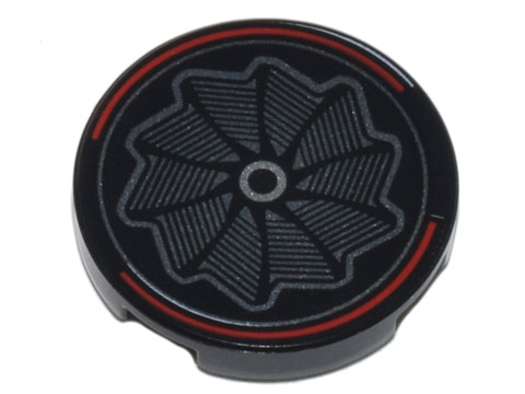 Tile, Round 2 x 2 with Bottom Stud Holder with Silver Pinwheel Wheel Rim and Red Curved Lines Pattern