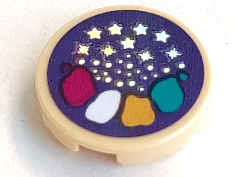 Tile, Round 2 x 2 with Bottom Stud Holder with Paint Patches, Silver Stars and Dots Pattern (Sticker) - Set 41687