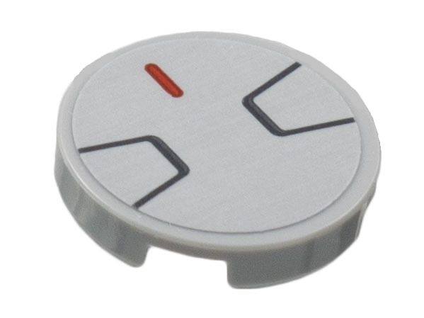 Tile, Round 2 x 2 with Bottom Stud Holder with Dark Red Line and 2 Black Trapezoids Pattern (Sticker) - Set 76831