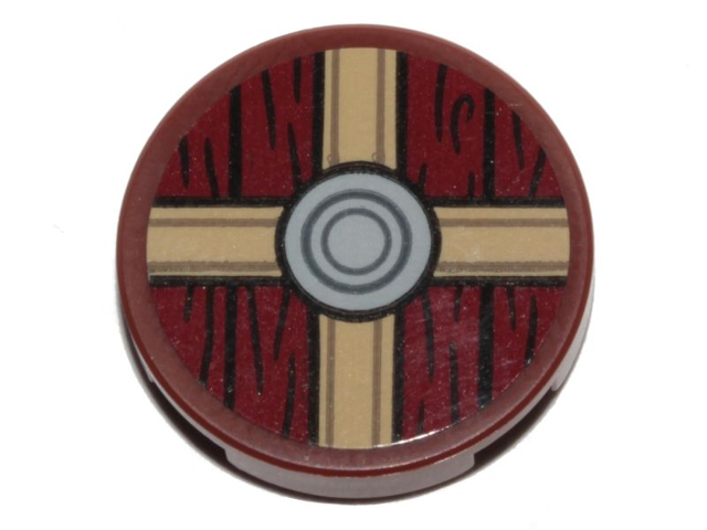Tile, Round 2 x 2 with Bottom Stud Holder with Viking Shield Tan / Dark Red Sections and Wood Grain Pattern (Sticker) - Set 76208