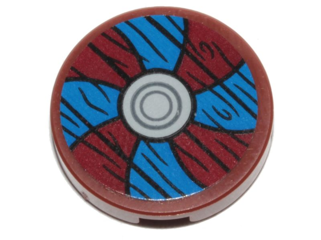 Tile, Round 2 x 2 with Bottom Stud Holder with Viking Shield Blue / Dark Red Sections and Wood Grain Pattern (Sticker) - Set 76208