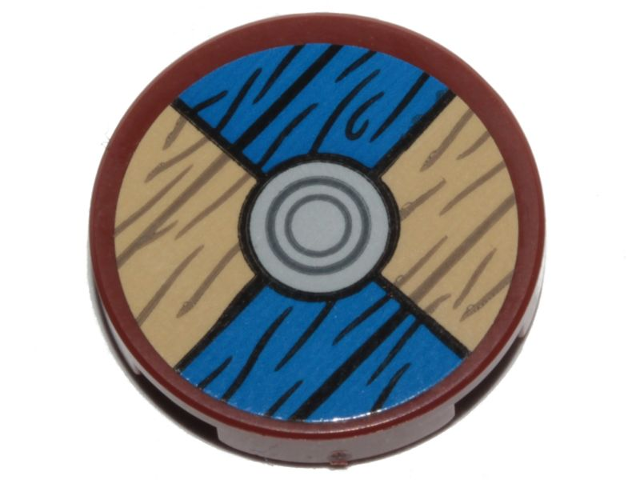Tile, Round 2 x 2 with Bottom Stud Holder with Viking Shield Blue / Tan Sections and Wood Grain Pattern (Sticker) - Set 76208