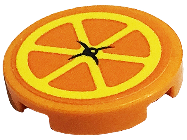 Tile, Round 2 x 2 with Bottom Stud Holder with Cushion with Black Button and Yellow Orange Slice Pattern (Sticker) - Set 41701