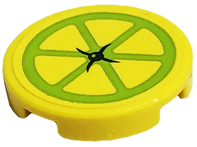 Tile, Round 2 x 2 with Bottom Stud Holder with Cushion with Black Button and Lime Lemon Slice Pattern (Sticker) - Set 41701