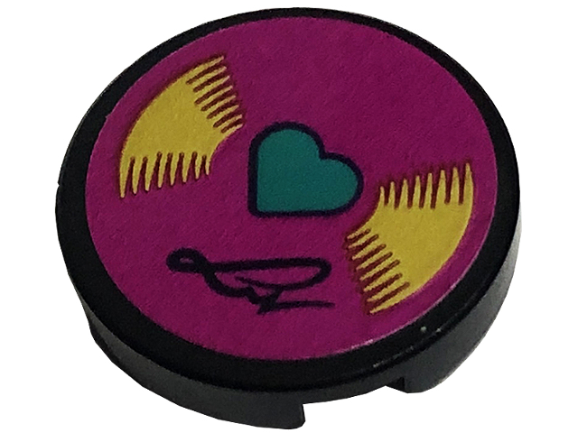 Tile, Round 2 x 2 with Bottom Stud Holder with Vinyl Record with Dark Turquoise Heart and Signature on Magenta Background Pattern (Sticker) - Set 41449