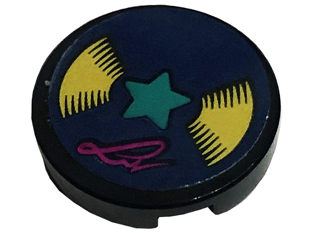 Tile, Round 2 x 2 with Bottom Stud Holder with Vinyl Record with Dark Turquoise Star and Signature on Dark Blue Background Pattern (Sticker) - Set 41449