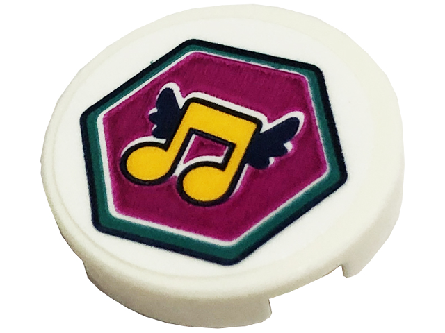 Tile, Round 2 x 2 with Bottom Stud Holder with Bright Light Orange Music Notes with Black Wings in Magenta Hexagon Pattern (Sticker) - Sets 41368 / 41449