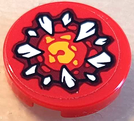 Tile, Round 2 x 2 with Bottom Stud Holder with Dark Red and Bright Light Orange Maw with White Fangs Pattern (Sticker) - Set 70323
