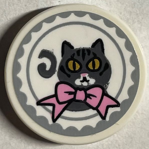 Tile, Round 2 x 2 with Bottom Stud Holder with Dark Bluish Gray Cat with Gold Eyes and Bright Pink Bow Pattern (Sticker) - Set 76403
