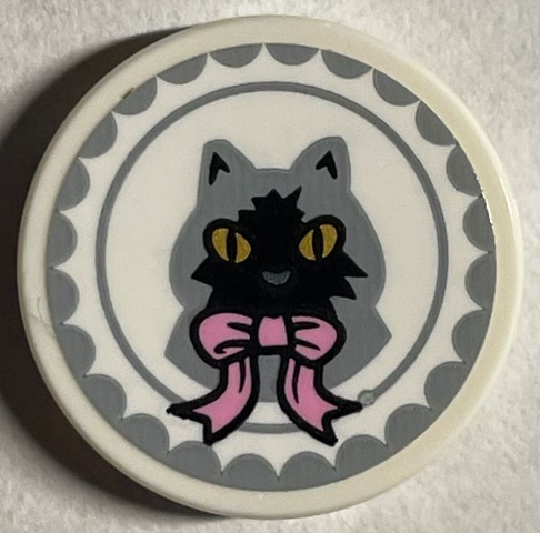 Tile, Round 2 x 2 with Bottom Stud Holder with Light Bluish Gray Cat with Gold Eyes and Bright Pink Bow Pattern (Sticker) - Set 76403
