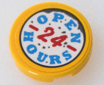 Tile, Round 2 x 2 with Bottom Stud Holder with Dark Azure and Red 'OPEN 24 HOURS' Pattern (Sticker) - Set 70422