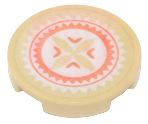 Tile, Round 2 x 2 with Bottom Stud Holder with Drum Skin with Tan, Coral and White Geometric Flower Pattern (Sticker) - Set 43205
