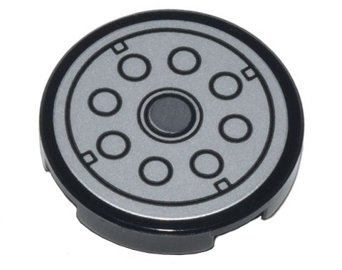 Tile, Round 2 x 2 with Bottom Stud Holder with Silver Reflector with Dark Bluish Gray Circles Pattern (Sticker) - Set 10298