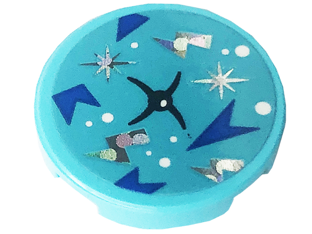 Tile, Round 2 x 2 with Bottom Stud Holder with Cushion with Black Button, White Dots, Blue Arrows, Holographic Stars and Lightning Bolts Pattern (Sticker) - Set 41708