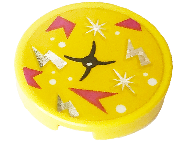 Tile, Round 2 x 2 with Bottom Stud Holder with Cushion with Black Button, White Dots, Dark Pink Arrows, Holographic Stars and Lightning Bolts Pattern (Sticker) - Set 41708