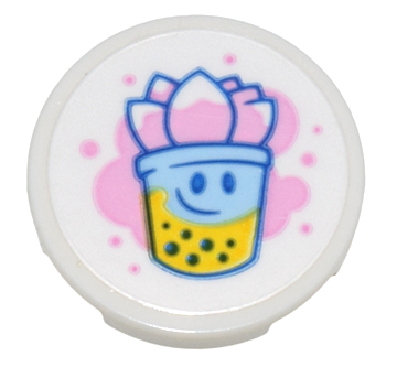 Tile, Round 2 x 2 with Bottom Stud Holder with Bright Pink, Bright Light Blue, and Yellow Bubble Tea Pattern (Sticker) - Set 80036