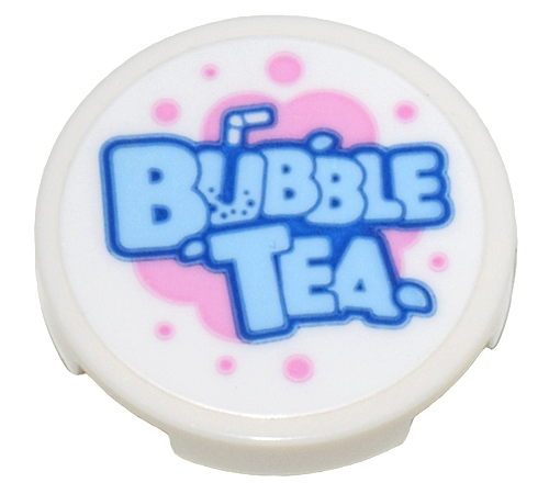 Tile, Round 2 x 2 with Bottom Stud Holder with Bright Light Blue 'BUBBLE TEA' on Bright Pink Bubbles Pattern (Sticker) - Set 80036