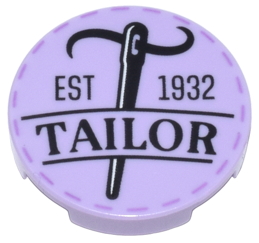 Tile, Round 2 x 2 with Bottom Stud Holder with Black Needle, Thread, 'EST 1932', 'TAILOR', and Medium Lavender Stitches Pattern