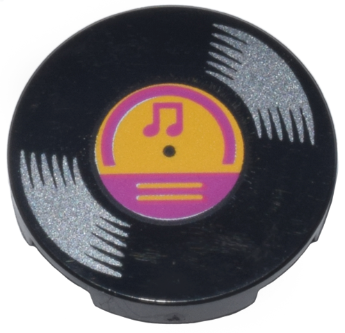 Tile, Round 2 x 2 with Bottom Stud Holder with Vinyl Record with Bright Light Orange and Magenta Center and Music Notes Pattern