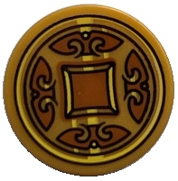 Tile, Round 2 x 2 with Bottom Stud Holder with Dark Orange Shapes (Coin) Pattern