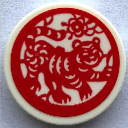 Tile, Round 2 x 2 with Bottom Stud Holder with Red Tiger and Flowers Pattern (Sticker) - Set 80108