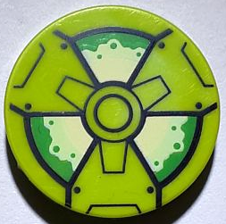 Tile, Round 2 x 2 with Bottom Stud Holder with Black, Green and Yellowish Green Radioactivity Warning Pattern