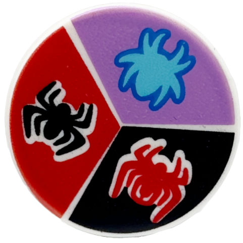 Tile, Round 2 x 2 with Bottom Stud Holder with Red, Black, and Medium Azure Spiders on Black, Red, and Medium Lavender Background Pattern