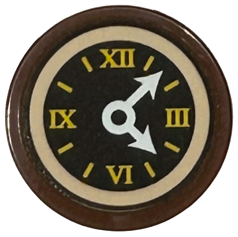 Tile, Round 2 x 2 with Bottom Stud Holder with Dark Brown Clock Face with Roman Numerals, White Hands, Light Nougat Border Pattern (Sticker) - Set 43217