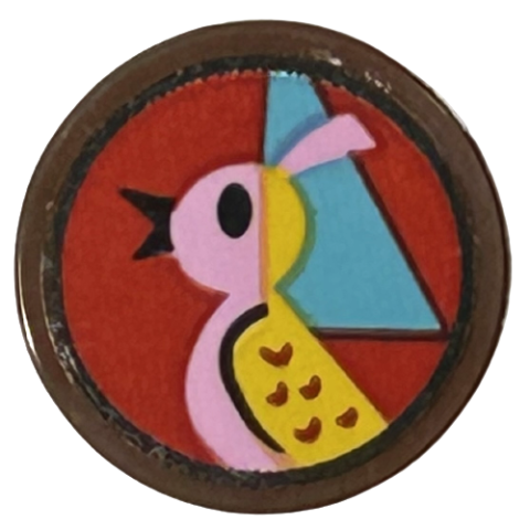 Tile, Round 2 x 2 with Bottom Stud Holder with Bright Pink and Bright Light Orange Bird, Medium Azure Triangle, Red Background Pattern (Sticker) - Set 43217