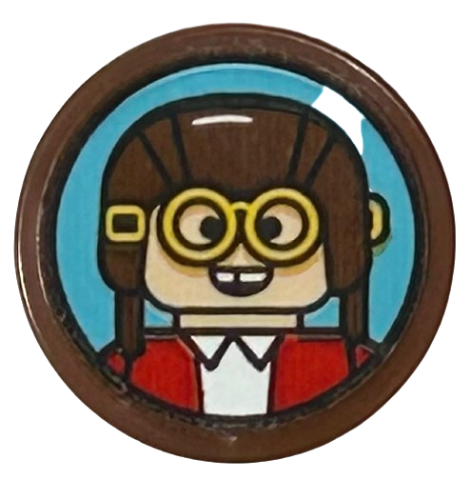 Tile, Round 2 x 2 with Bottom Stud Holder with Girl Minifigure with Reddish Brown Hat, Goggles and Red Jacket Pattern (Sticker) - Set 43217