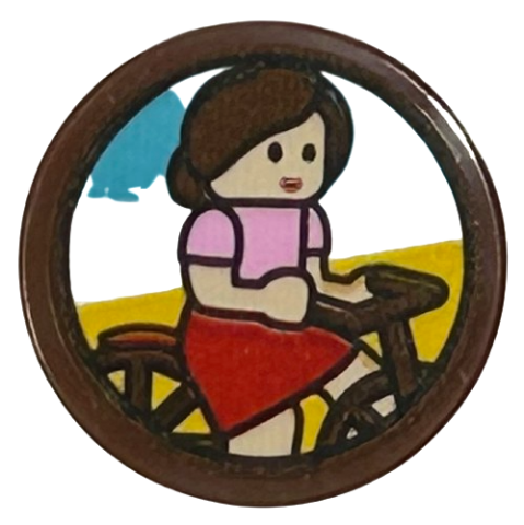Tile, Round 2 x 2 with Bottom Stud Holder with Woman Minifigure with Bright Pink Top and Red Skirt on Bicycle Pattern (Sticker) - Set 43217