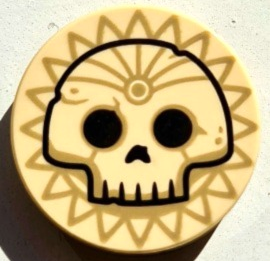 Tile, Round 2 x 2 with Bottom Stud Holder with Black Skull Outline on Dark Tan Sun Pattern