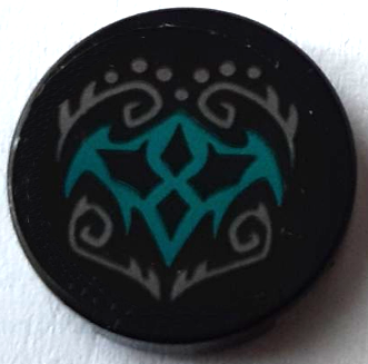 Tile, Round 2 x 2 with Bottom Stud Holder with Dark Bluish Gray Elves Scrollwork and Dots and Dark Turquoise Bat Wings Pattern (Sticker) - Set 41195