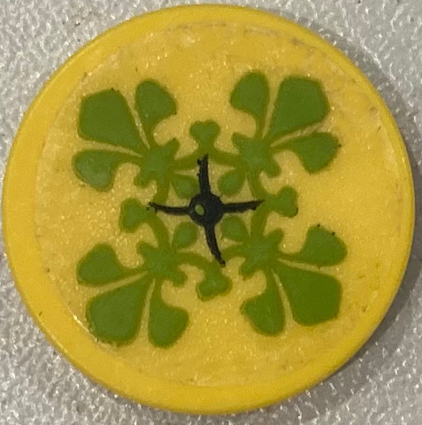 Tile, Round 2 x 2 with Bottom Stud Holder with Cushion with Black Button and Lime Fleur-de-lis Pattern (Sticker) - Set 41426