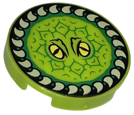 Tile, Round 2 x 2 with Bottom Stud Holder with Yellow Eyes, Green Scales, and Tan Teeth / Horn Ring Pattern (HP Fanged Frisbee)