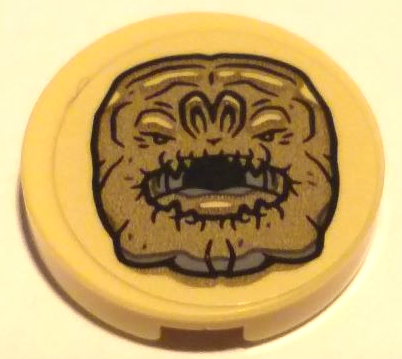 Tile, Round 2 x 2 with Bottom Stud Holder with Dark Tan Rancor Head Pattern (Sticker) - Set 75326