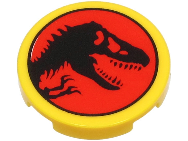 Tile, Round 2 x 2 with Bottom Stud Holder with Black Dinosaur on Red Background (Jurassic Park Logo) Pattern