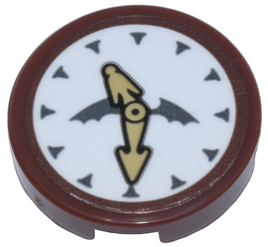 Tile, Round 2 x 2 with Bottom Stud Holder with White Clock Face, Tan Hands, and Dark Bluish Gray Wings Pattern (Sticker) - Set 71799
