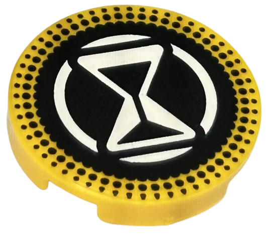 Tile, Round 2 x 2 with Bottom Stud Holder with White Hourglass and Circle on Black Background with Dotted Border Pattern