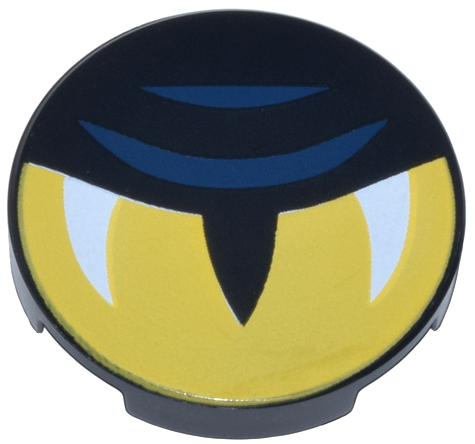 Tile, Round 2 x 2 with Bottom Stud Holder with Yellow Eye Half Closed, Slit Pupil, White Glints, and Dark Blue Eyelid Lines Pattern