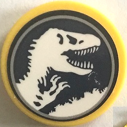 Tile, Round 2 x 2 with Bottom Stud Holder with Jurassic World Logo Pattern (Sticker) - Set 75938