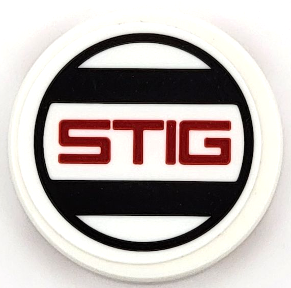 Tile, Round 2 x 2 with Bottom Stud Holder with Red 'STIG', Black Stripes and Circle Pattern (Sticker) - Set 42109