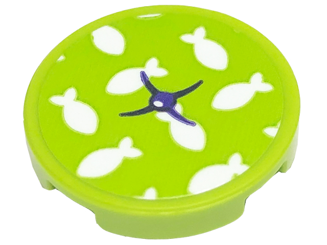Tile, Round 2 x 2 with Bottom Stud Holder with Cushion with White Fish and Dark Purple Button Pattern (Sticker) - Set 41699