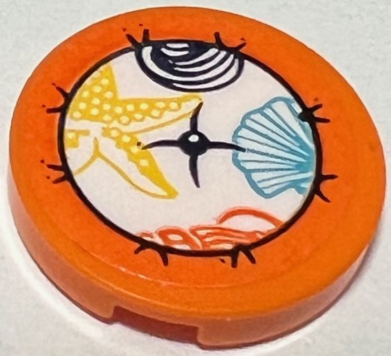 Tile, Round 2 x 2 with Bottom Stud Holder with White Cushion / Circle with Black Button, Yellow Starfish / Sea Star, and Medium Azure Seashell Pattern (Sticker) - Set 41428