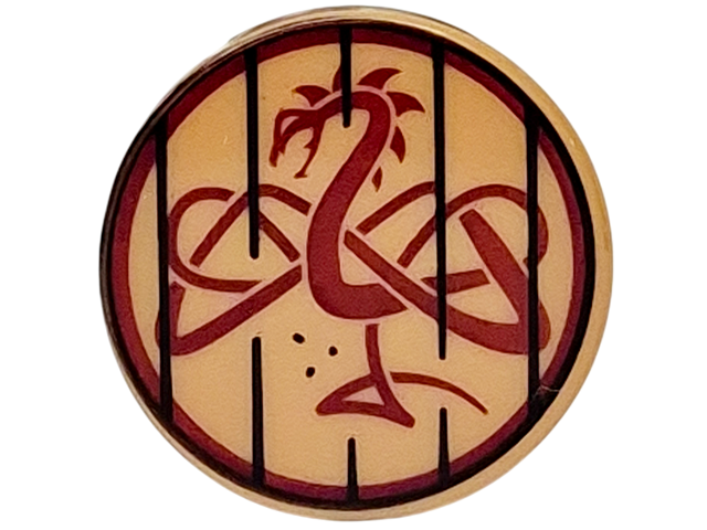 Tile, Round 2 x 2 with Bottom Stud Holder with Dark Brown Border and Bars and Dark Red Dragon Pattern