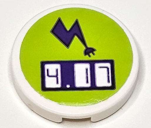 Tile, Round 2 x 2 with Bottom Stud Holder with Dark Purple Electric Charging Point Lightning Bolt and Digital '4.17' on Lime Background Pattern (Sticker) - Set 41350