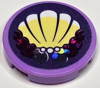 Tile, Round 2 x 2 with Bottom Stud Holder with Bright Light Yellow Scallop Shell, White Pearls and Holographic Highlights on Dark Purple Background Pattern (Sticker) - Set 41162